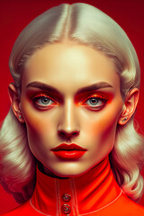 portrait of attractive Welsh Android super Model, Vivid-red background . AI-Generated
