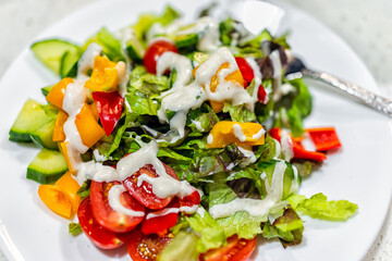 Fresh creamy dressing on chopped vegetable vegan salad closeup with bell peppers on red leaf...
