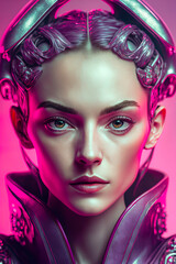 portrait of attractive Welsh Android super Model, Vivid-pink background . AI-Generated