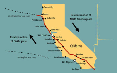 Map of the San Andreas fault in California - obrazy, fototapety, plakaty