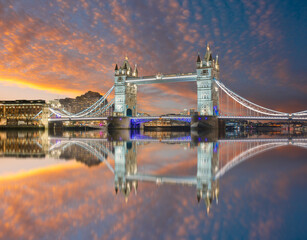 The skyline of London after sunset time: Tower Bridge and Thames riverside