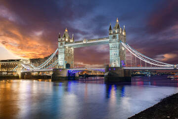 The skyline of London after sunset time: Tower Bridge and Thames riverside