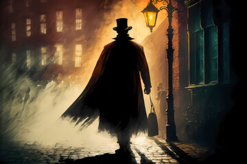Jack the Ripper walking in a surrealistic street.