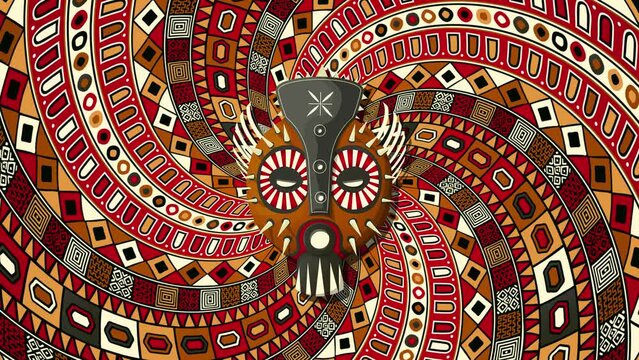 Tribal mask over a rotating spiral background, loop animation