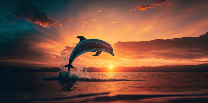 dolphin jumping out of ocean water with a beautiful sunset in the background. AI-Generated