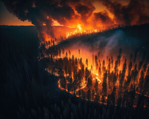 Aerial view of a forest fire. Generative AI.