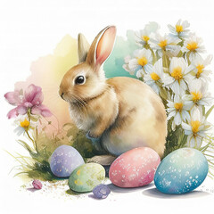 Digital Watercolor Easter bunny with Easter eggs