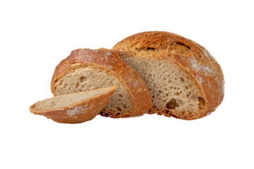 Rye and wheat sourdough bread loaf and slices isolated transparent png. Porous bread pulp and crispy crust.