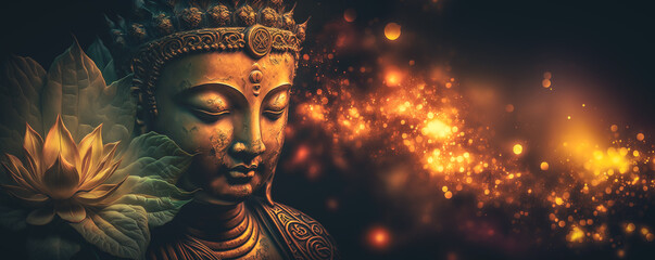 buddha statue and lotus flower. Generative AI - obrazy, fototapety, plakaty