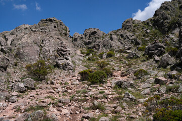 Hiking in the rock massif Los Gigantes, in Cordoba, Argentina. View of the rocky hills in a sunny...