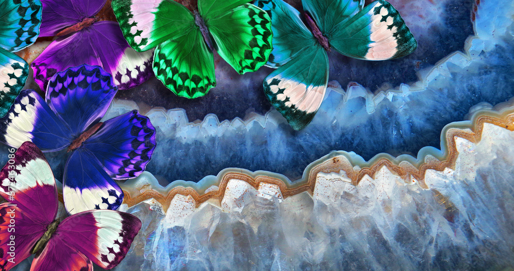 Aufkleber tropical morpho butterflies on an abstract pattern. agate stone ornament and colorful butterflies