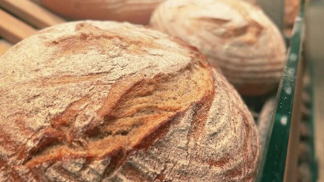 Loaves of pale wheat bread line up on the shelf of the bakery. Close Up shot
