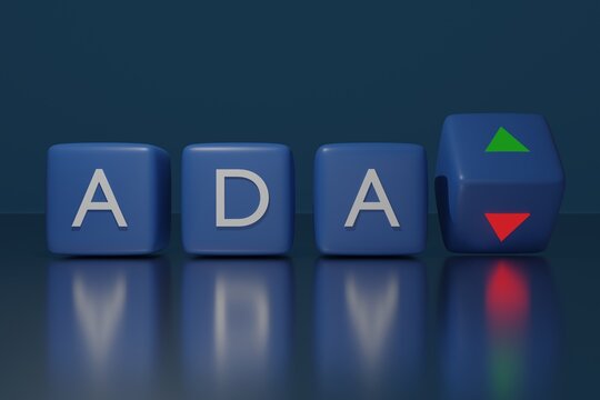 3d illustration of blue dices with the word ADA on it, up and down arrows, conceptual image for crypto currency
