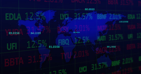 Image of statistics and financial data processing over world map