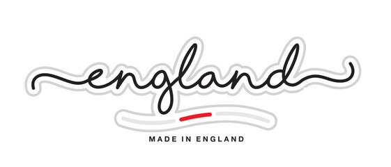 Made in England, new modern handwritten typography calligraphic logo sticker, abstract England flag ribbon banner