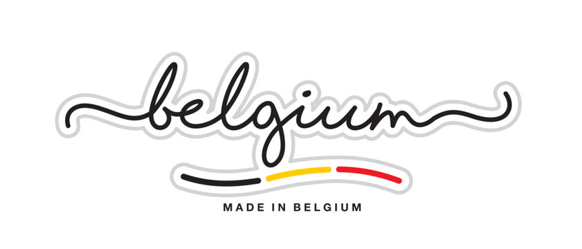 Made in Belgium, new modern handwritten typography calligraphic logo sticker, abstract Belgium flag ribbon banner