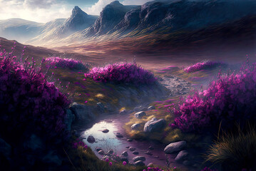 Scotland landscape, purple heather. Generative AI - obrazy, fototapety, plakaty