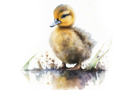 Generative AI. Cute little duck, watercolor illustration, summer holiday clipart with cartoon character good for card and print design
