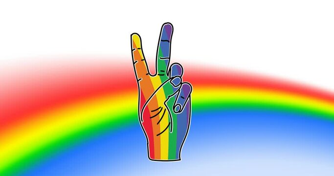 Animation of victory hand sign over rainbow background