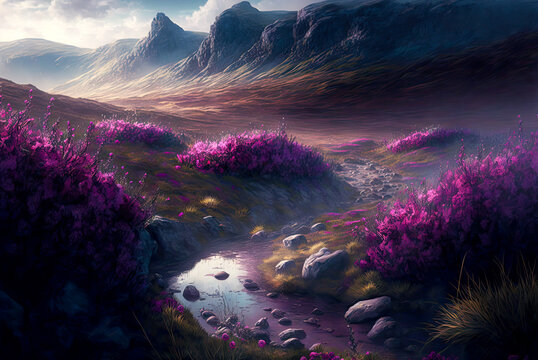 Scotland landscape, purple heather. Generative AI