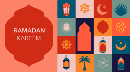 Geometric style colorful Islamic Ramadan Kareem banner, poster design. Mosque, moon, dome and lanterns. Minimalistic illustrations