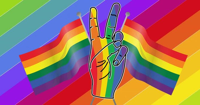 Animation of victory hand sign and flags over rainbow background