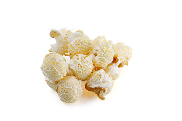 Handful of tasty popcorn isolated on white background. Close up.