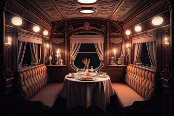 Train interior, dining car, night, 19th century, wood, luxury. Generative AI