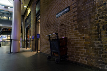 Naklejka premium London UK 01.02.2023: The Famous Harry Potter Platform 9 3/4 in London, a Magical Portal to Hogwarts