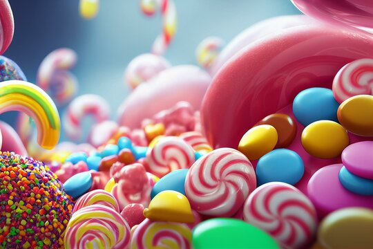 Fantastic magical candy factory with multicolored treats, generative AI