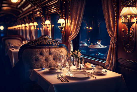 Train interior, dining car, 19th century, wood, luxury. Generative AI