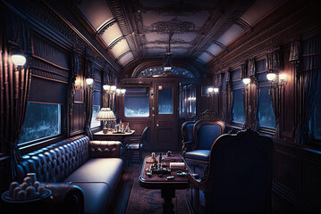 Train car interior, 19th century, wood, luxury. Generative AI