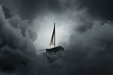 3D rendering of abandoned wooden boat with waving canvas over fluffy grey clouds