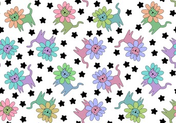 Halloween animals seamless flower cats paint markers pattern for wrapping paper and fabrics and linens and kids