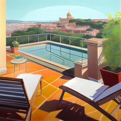 Beautiful penthouse terrace with a swimming pool overlooking Rome, generative AI