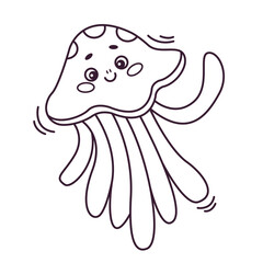 Cute sea jellyfish in cartoon style - a picture for coloring. Marine animal doodles. Vector linear illustration in hand-drawn style. Outline. 