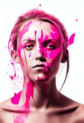 A  young woman with pink florescent paint over her body
Generative ai Illustration