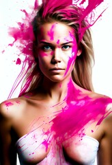 A  young woman with pink florescent paint over her body
Generative ai Illustration