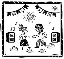 WebFesta Junina, couple dancing with typical clothes. Cordel literature woodcut.