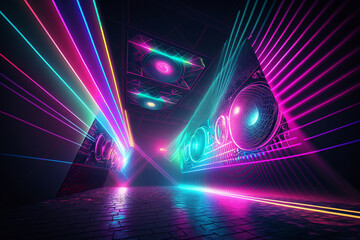 3d render, red blue neon light, illuminated corridor, tunnel, empty space, ultraviolet light, 80's retro style, fashion show stage, abstract background