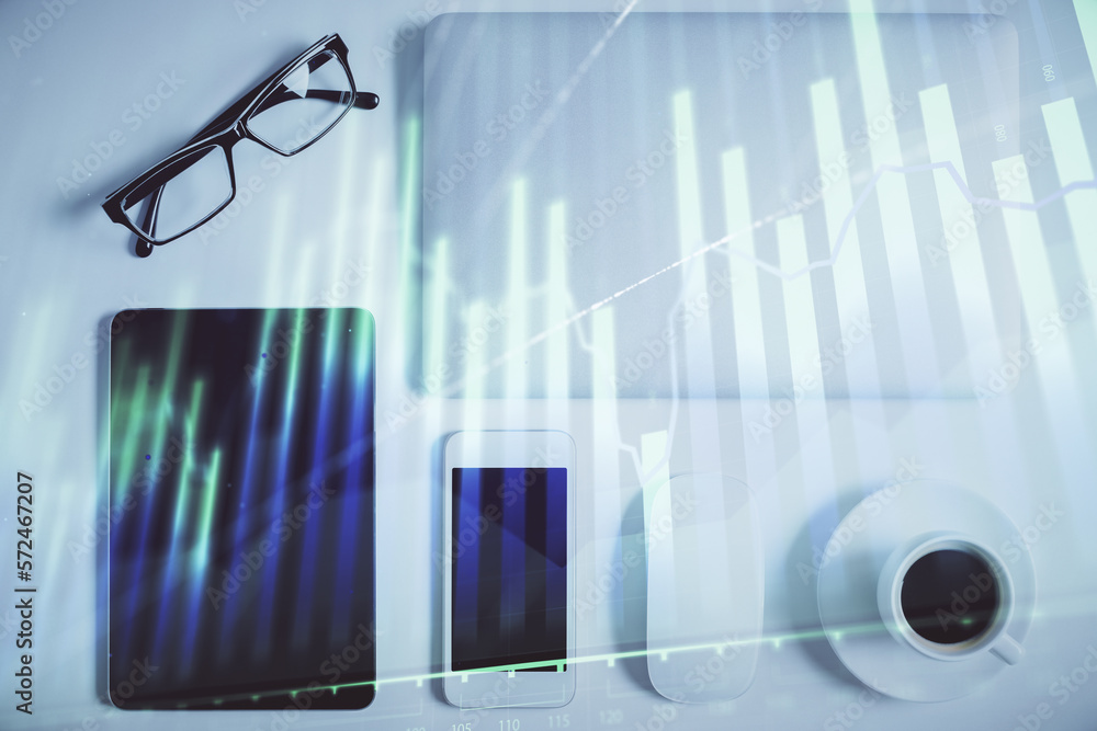 Poster multi exposure of financial chart hologram over desktop with phone. top view. mobile trade platform 