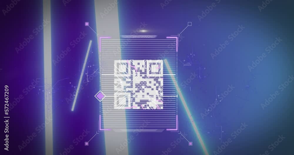 Poster animation of qr code over biometric fingerprint scanner and glowing light bars on blue background