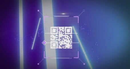 Animation of qr code over biometric fingerprint scanner and glowing light bars on blue background - Powered by Adobe
