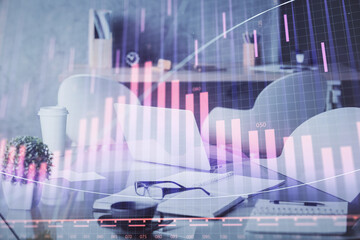 Double exposure of stock market graph drawing and office interior background. Concept of financial analysis.