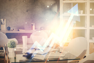 Double exposure of grow arrows and office interior background. Concept of Growth.
