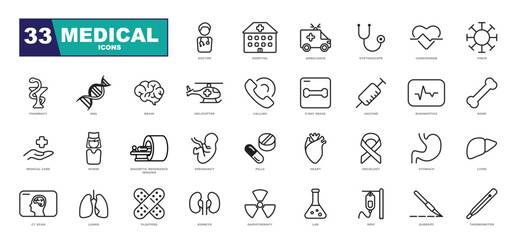 Line medical icons. Contains such icons as medical symbols in flat design medicine and health. Collection modern infographic logo and pictogram.