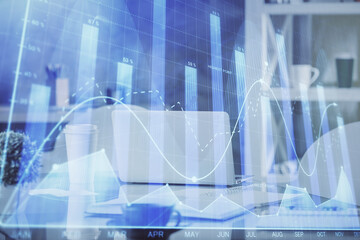 Double exposure of stock market graph drawing and office interior background. Concept of financial analysis.