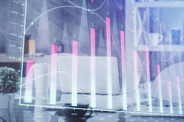 Naklejka premium Double exposure of stock market graph drawing and office interior background. Concept of financial analysis.