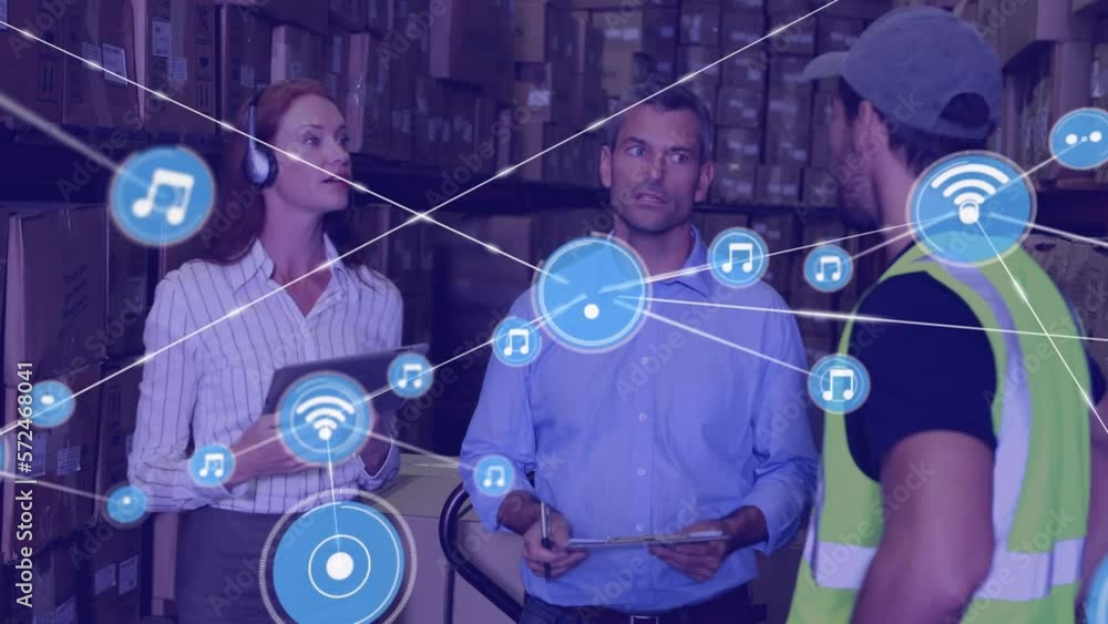 Poster animation of network of profiles over team of supervisors and workers checking stock at warehouse