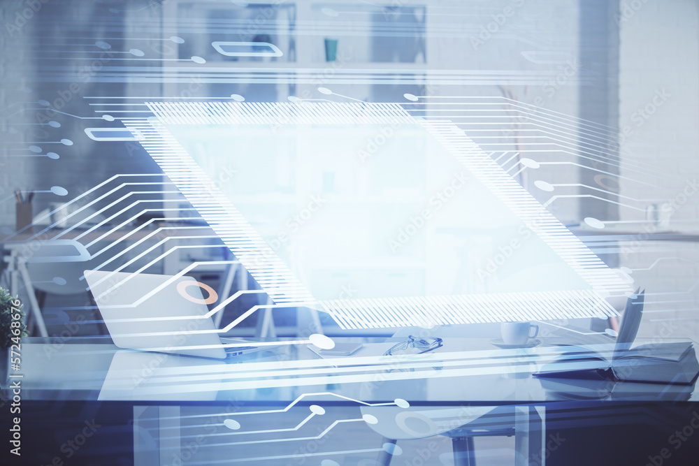 Poster multi exposure of data theme drawing and office interior background. concept of technology.
